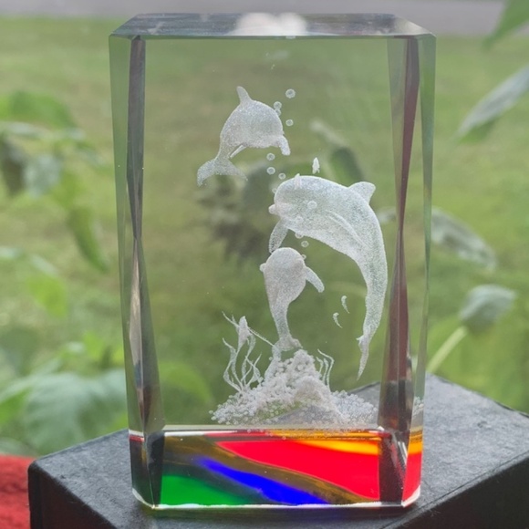 3D Laser Etched Crystal Cube Paperweight Dolphins Swimming Seaweed Kure Beach NC - Picture 7 of 13